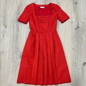 Red Pleated Square-Neck Dress